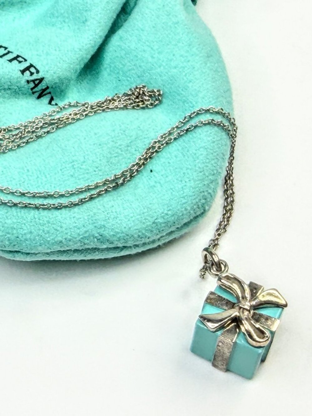 Vintage Tiffany & Co. Sterling Blue Enamel Gift Box Pendant Necklace JR1595